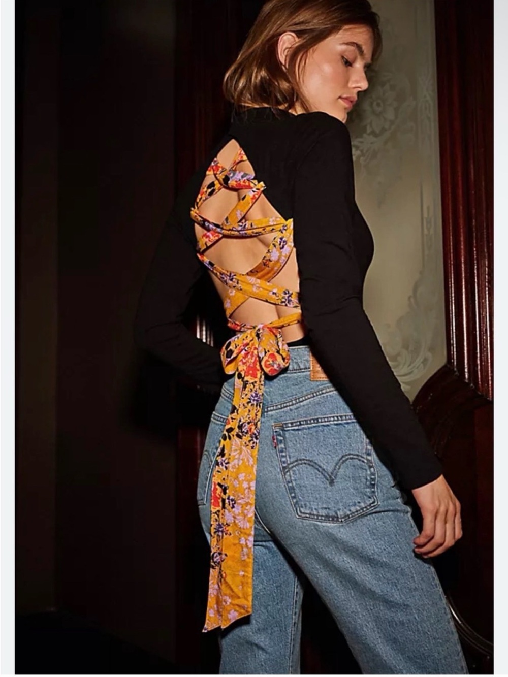 Free People Black Long Sleeve Bodysuit with Mustard Floral Lace-Up Back